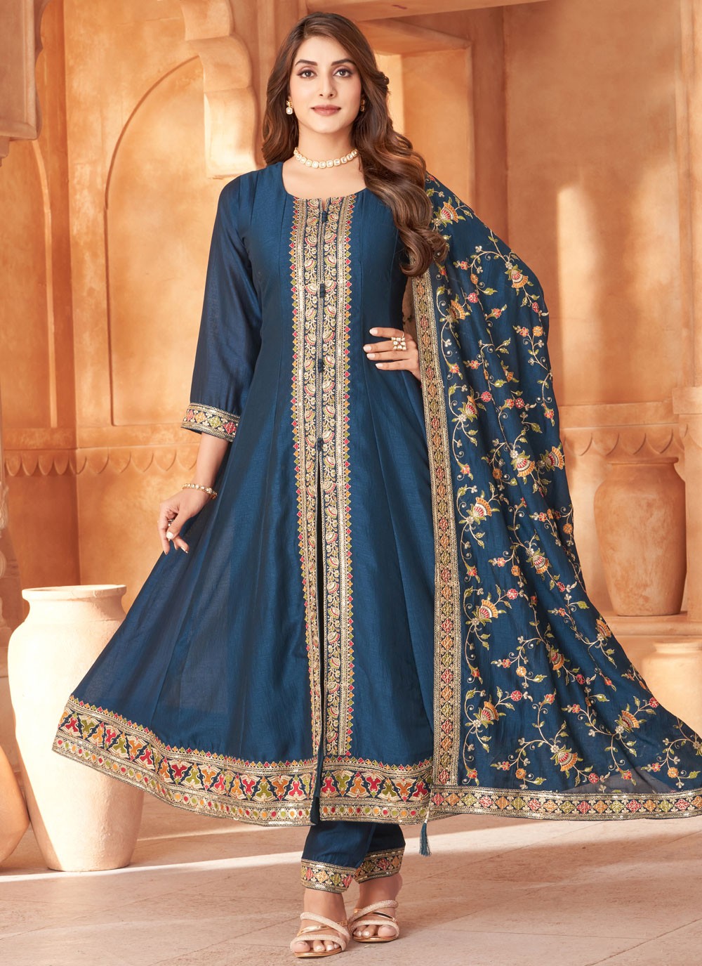Salwar Suit Embroidered Morpeach Silk T5608