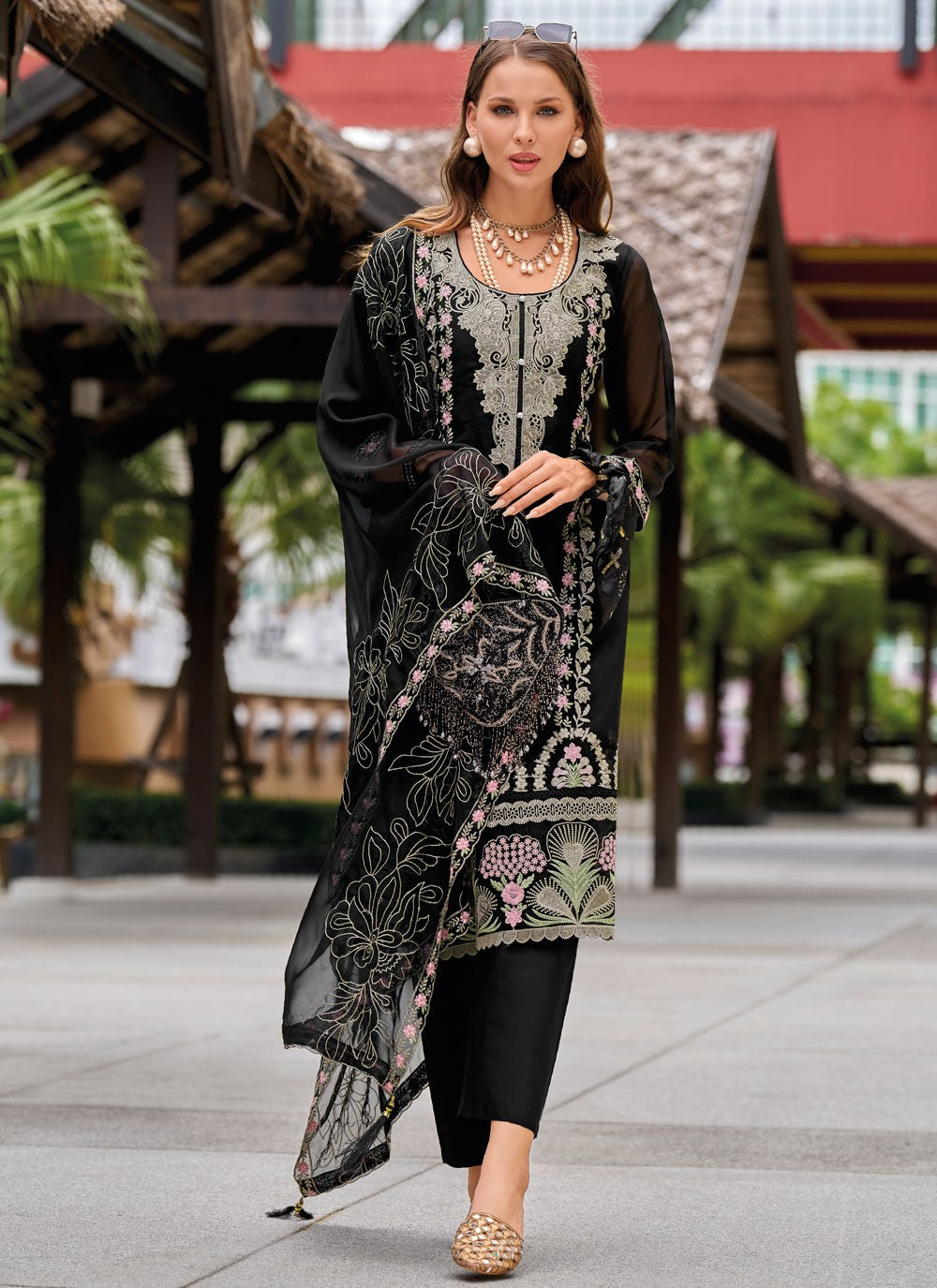 Salwar Suit Embroidered Black Organza T5524