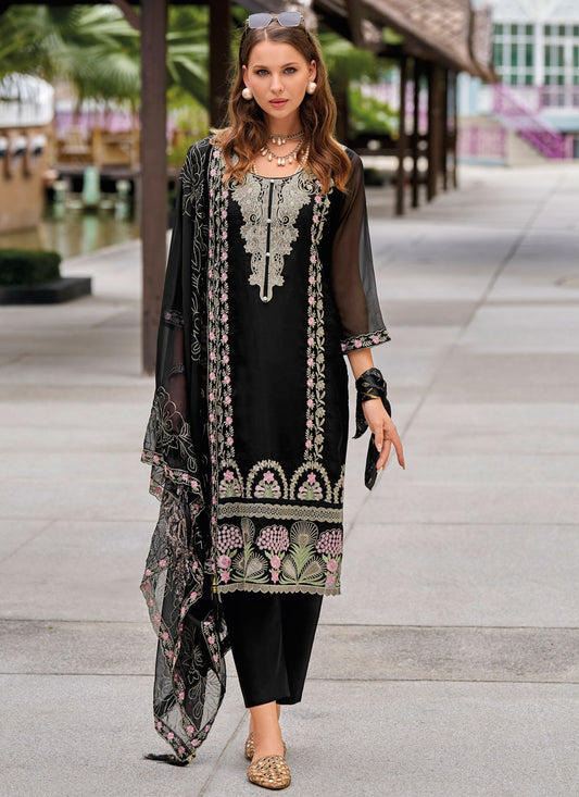 Salwar Suit Embroidered Black Organza T5524
