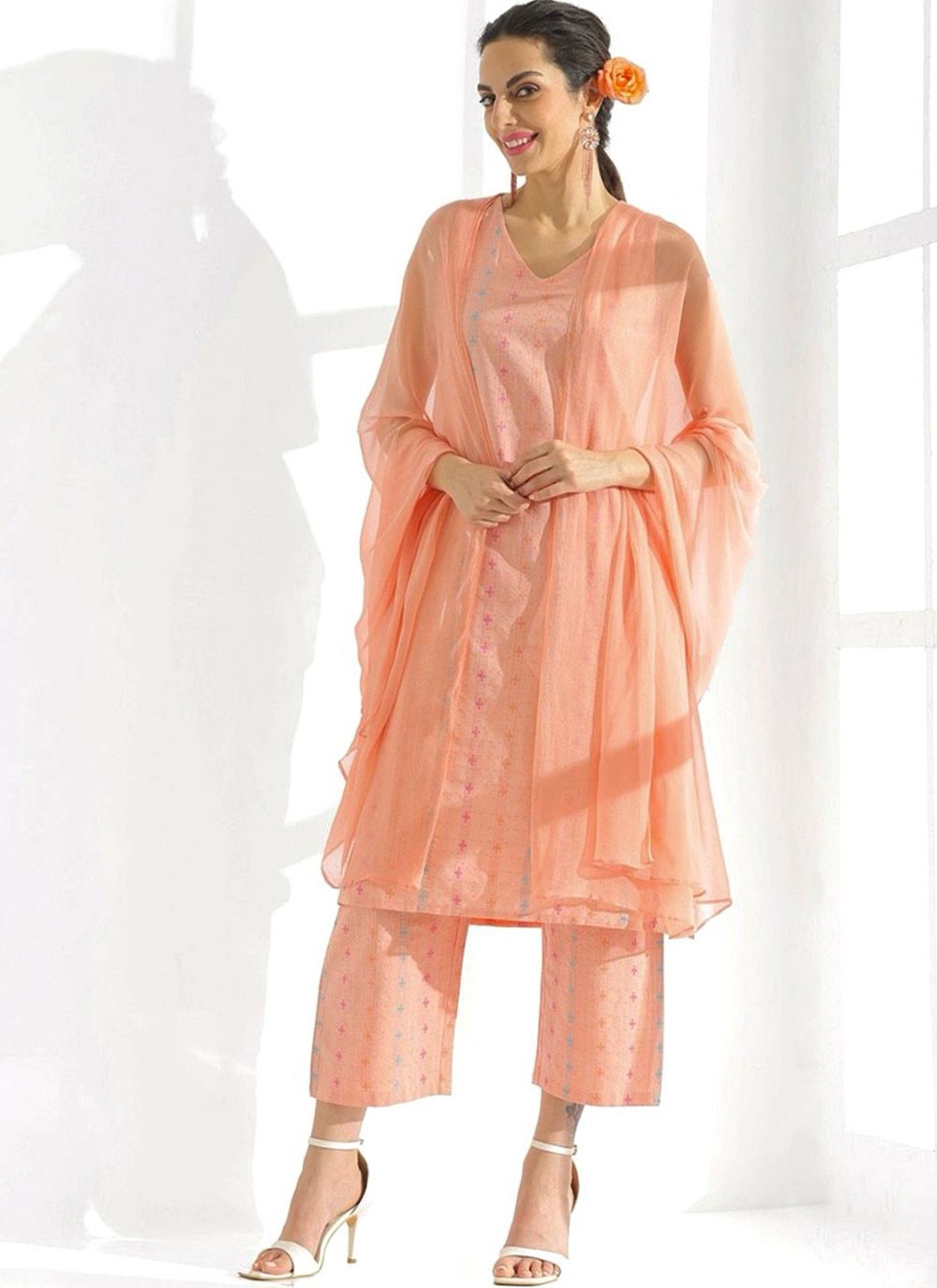 Printed Cotton Peach Salwar Suit T6593