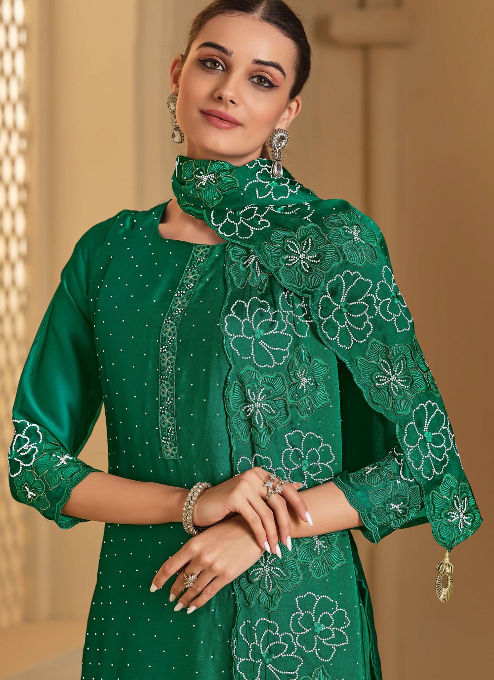 Pant Style Suit Embroidered, Swarovski Green T7251