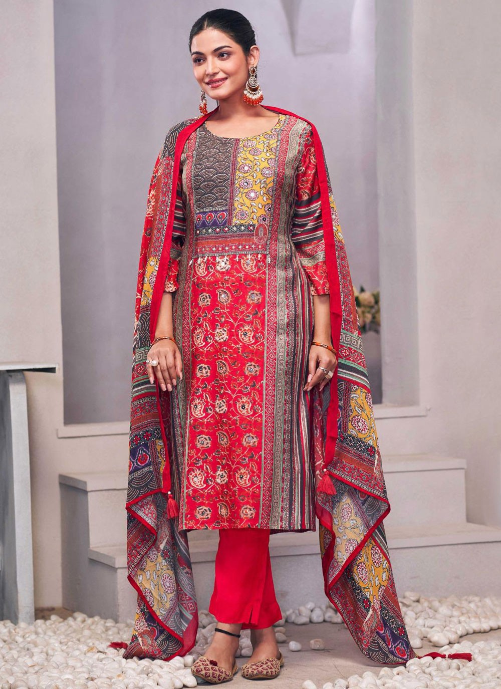 Salwar Suit Embroidered Red Muslin T5154