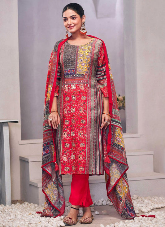 Salwar Suit Embroidered Red Muslin T5154