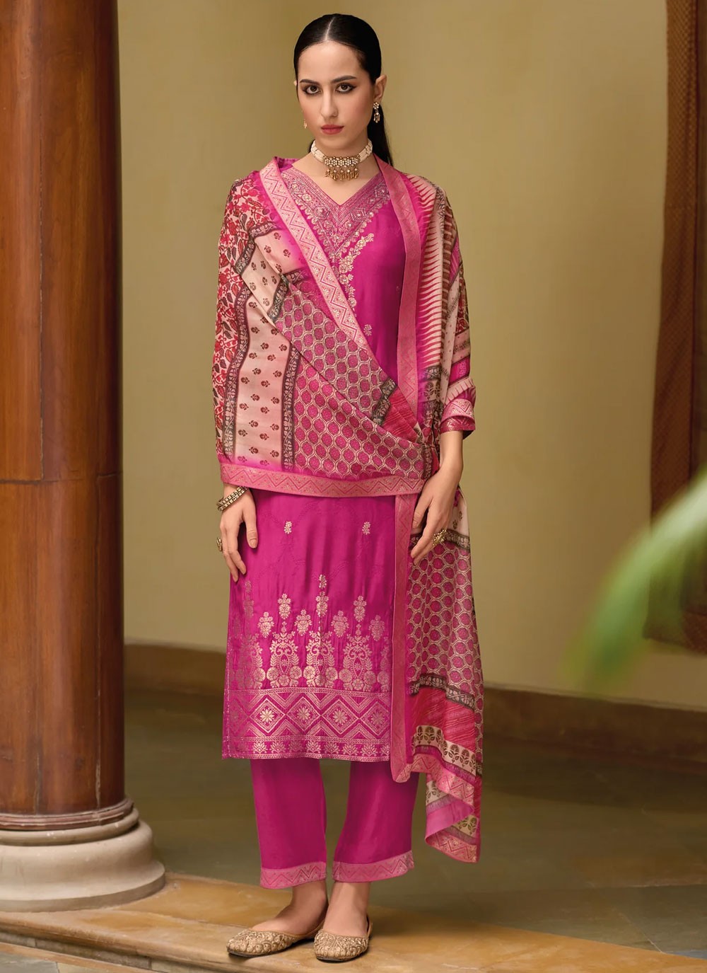 Jacquard Work Jacquard Magenta Salwar Suit T6178