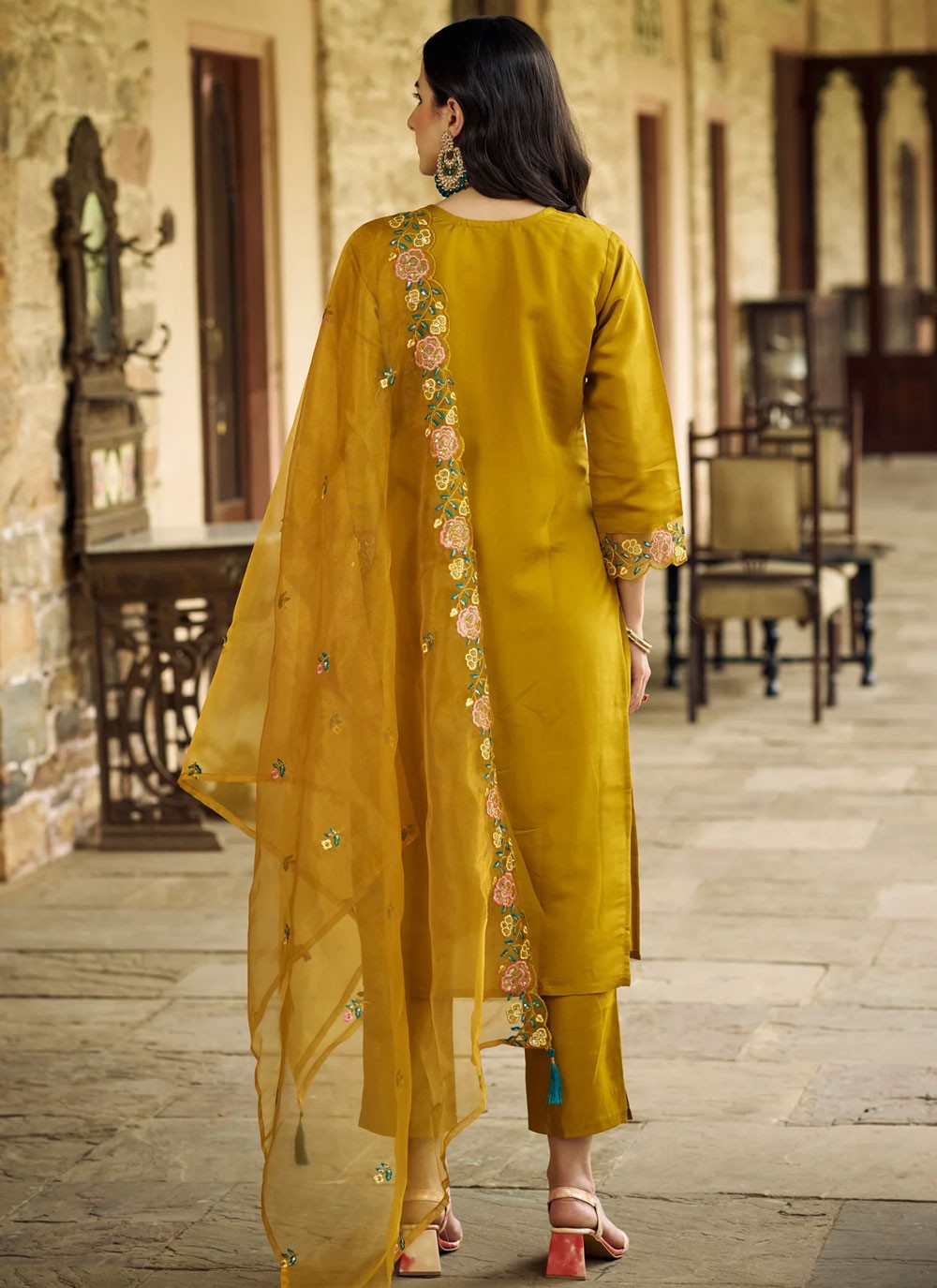 Pant Style Suit Embroidered, Sequins Mustard T6905