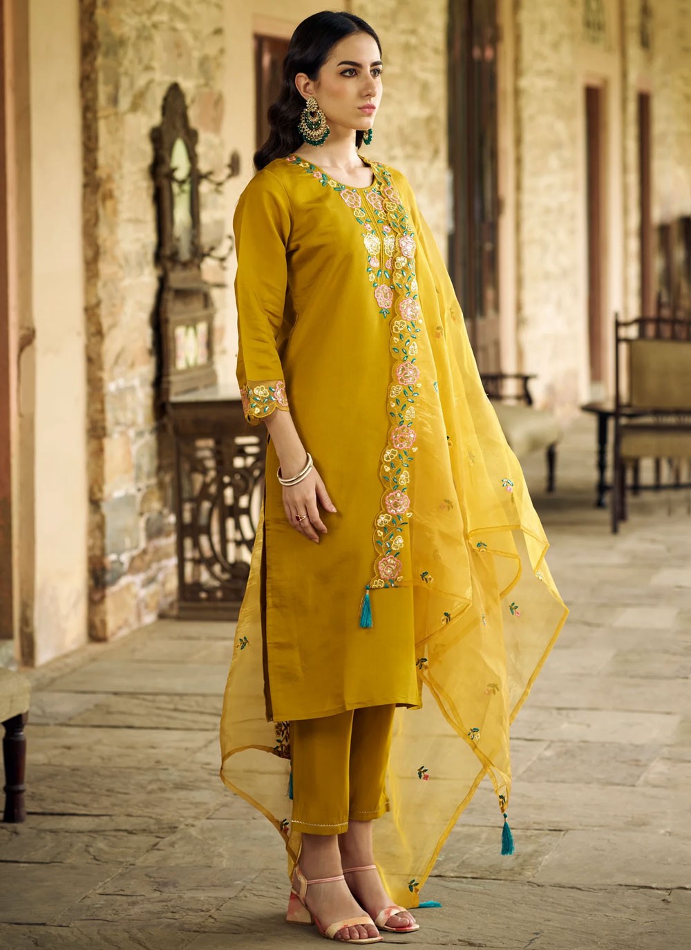 Pant Style Suit Embroidered, Sequins Mustard T6905