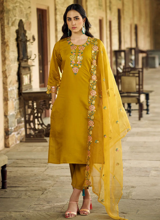 Pant Style Suit Embroidered, Sequins Mustard T6905