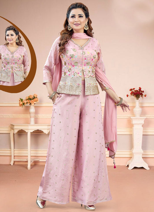 Salwar Suit Embroidered Pink Silk T5839