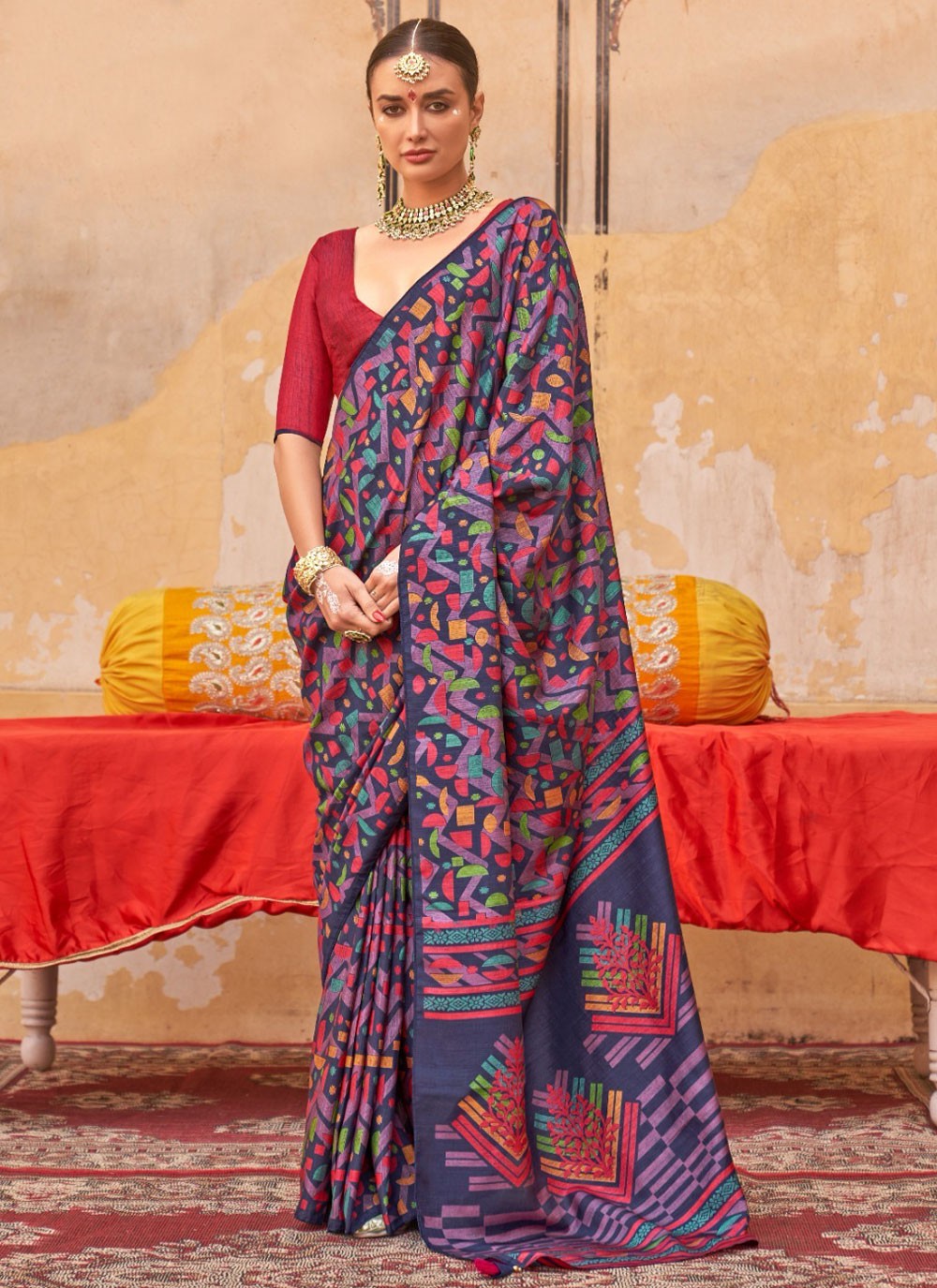 Fancy Work Silk Navy Blue Saree S14772