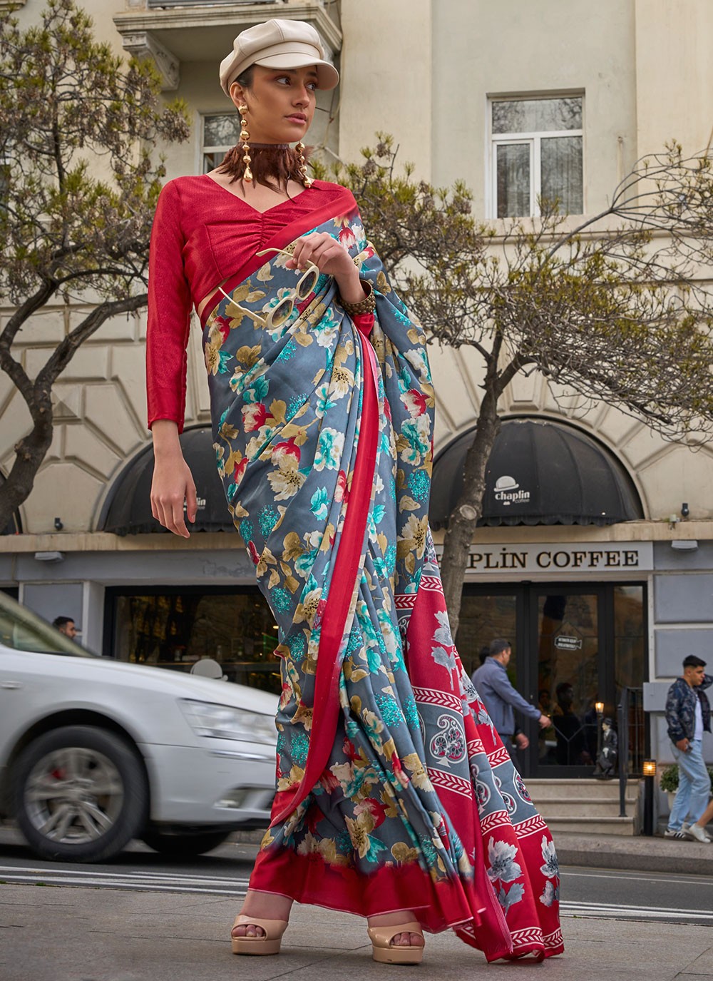 Classic Printed Faux Crepe, Satin Saree - S6040