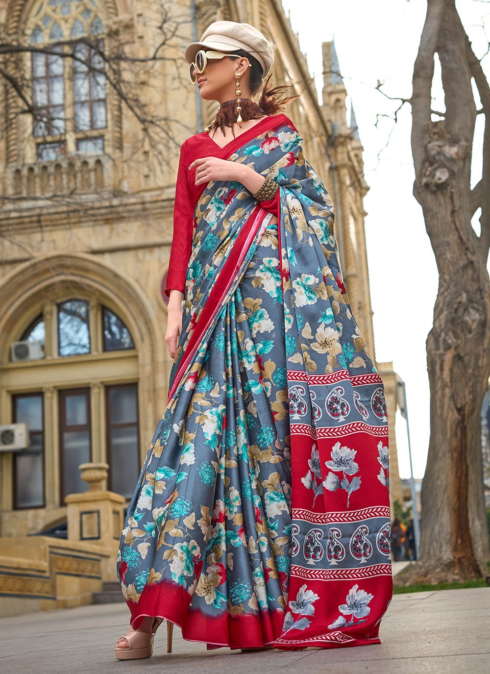 Classic Printed Faux Crepe, Satin Saree - S6040