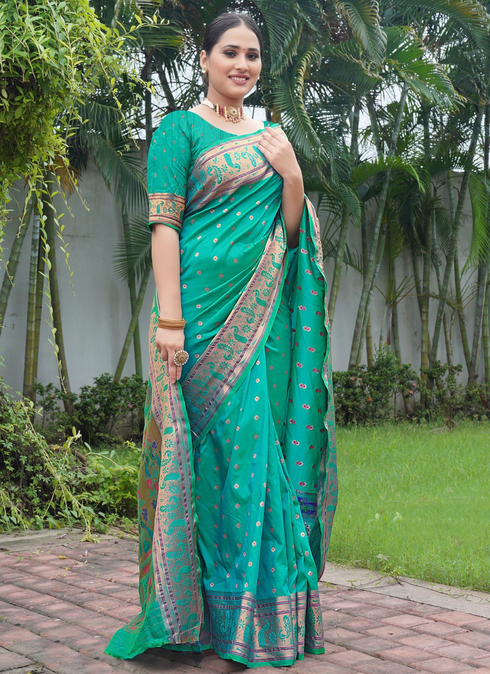 Trendy Saree Weaving Zari Turquoise Paithni S12646