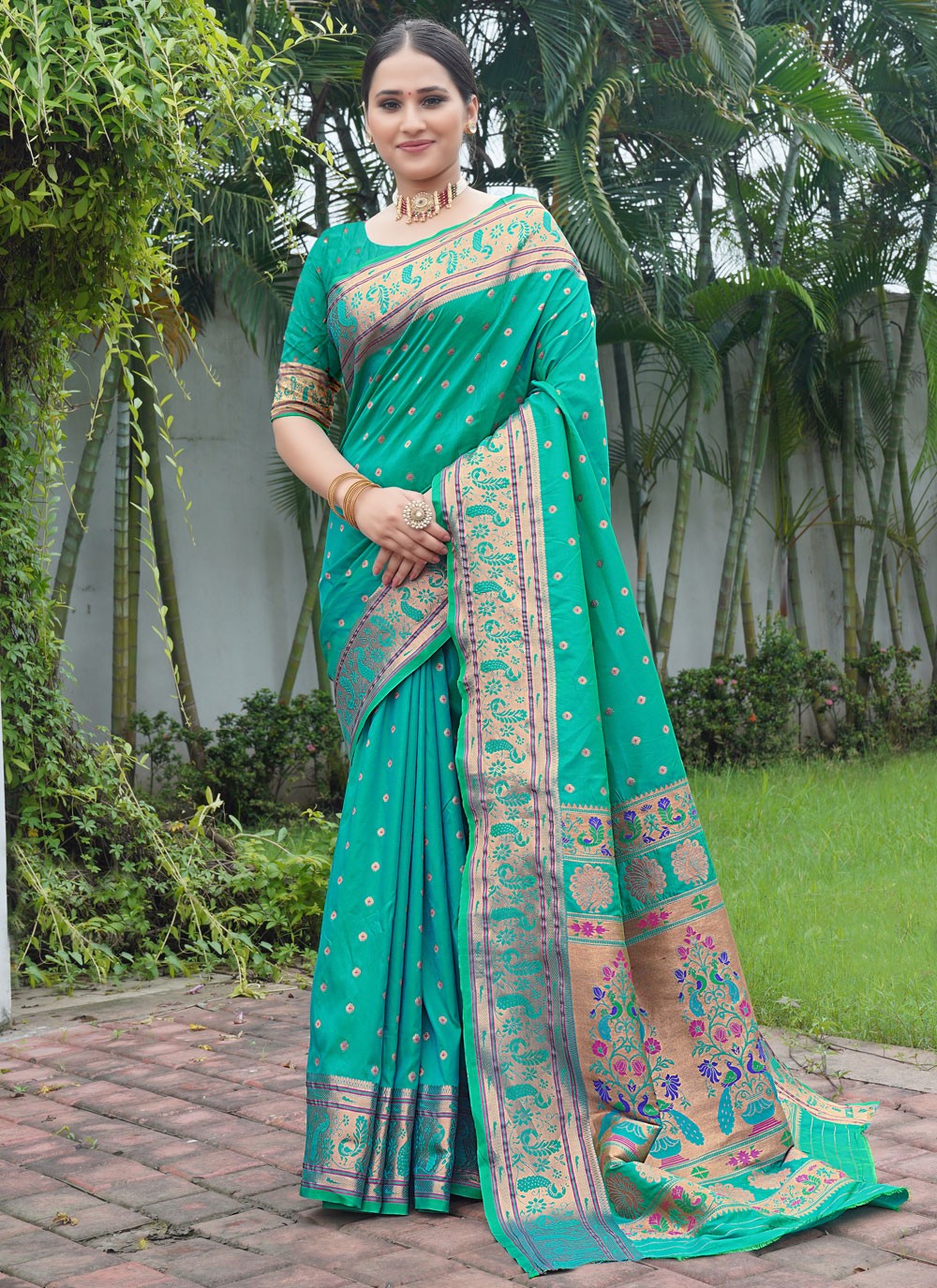 Trendy Saree Weaving Zari Turquoise Paithni Saree S12646