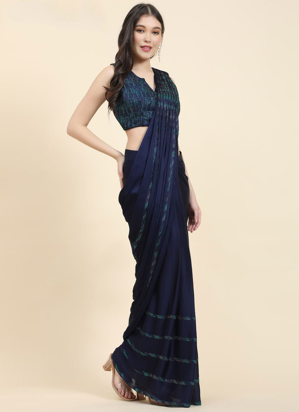 Trendy Saree Fancy Work Navy Blue Satin Saree S12752