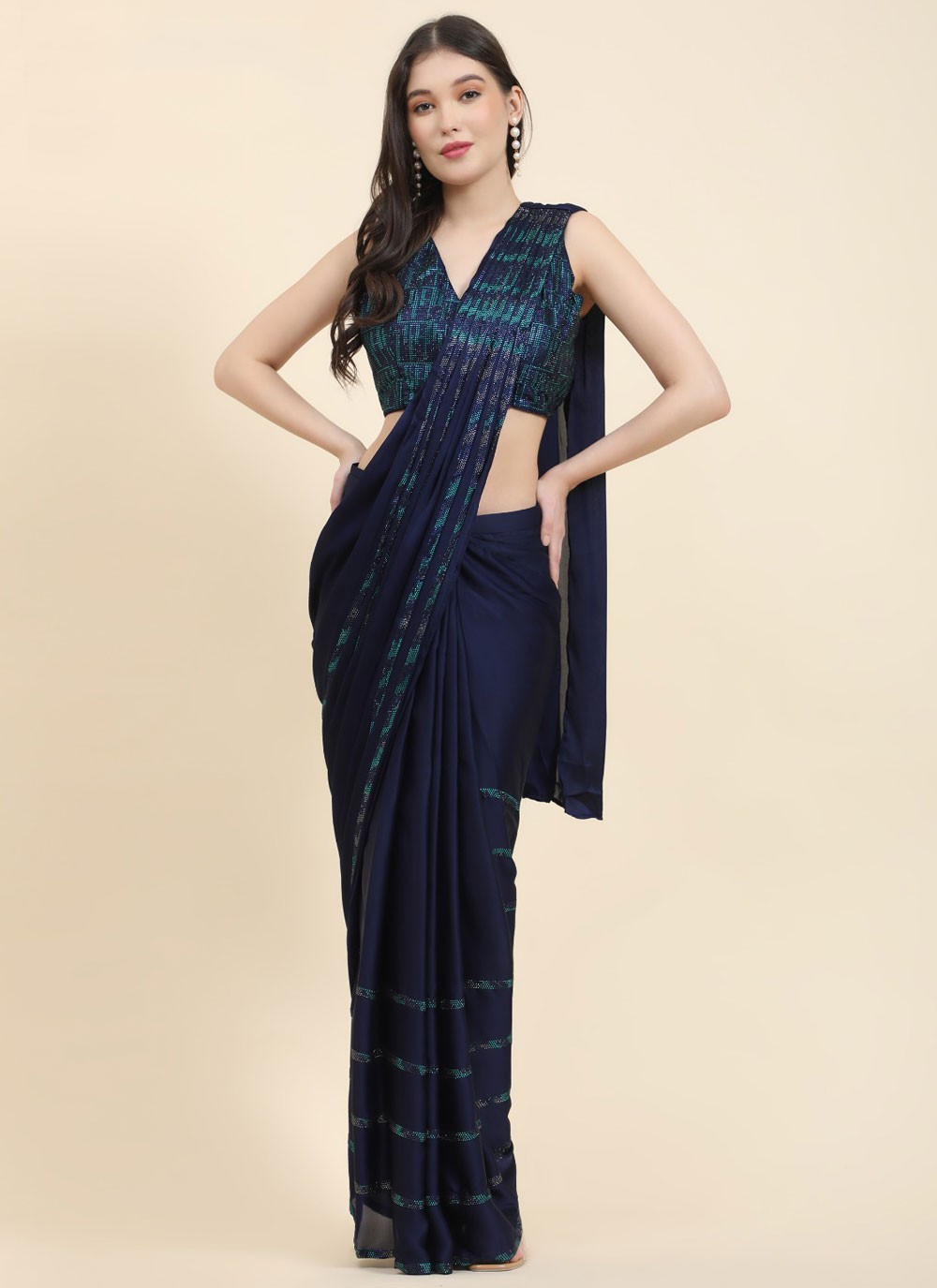 Trendy Saree Fancy Work Navy Blue Satin S12752