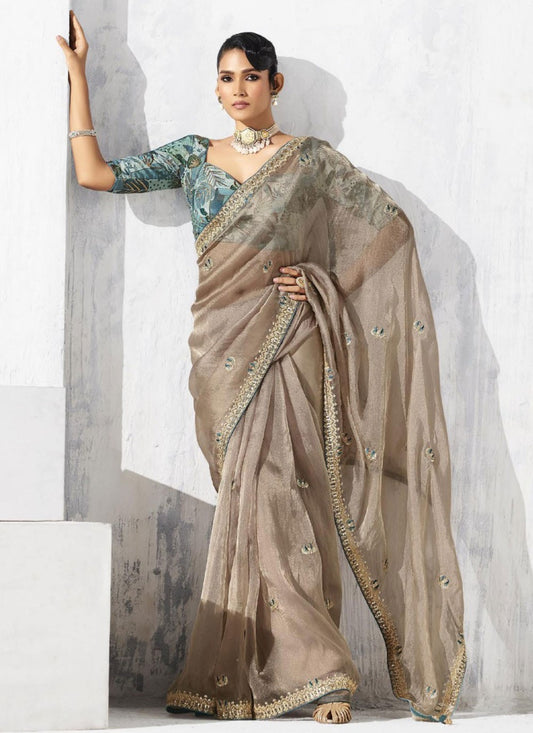 Grey Fancy Fabric Trendy Saree Border Work, Embroidered S19807