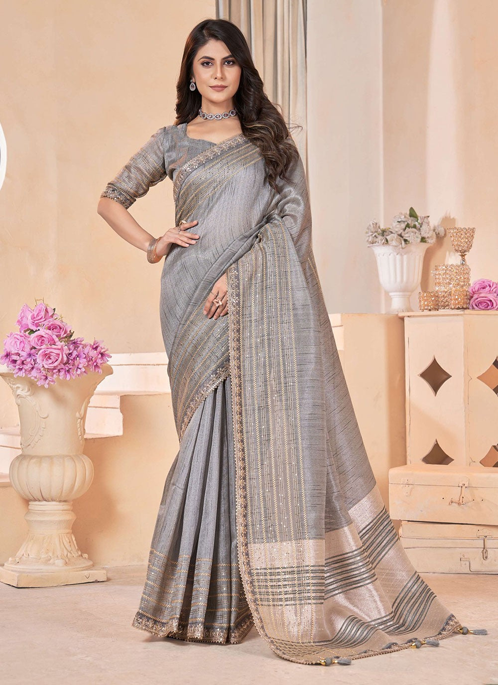 Classic Gota Patti Linen Saree - S6981