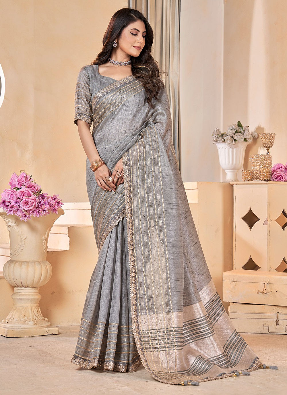 Classic Gota Patti Linen Saree - S6981
