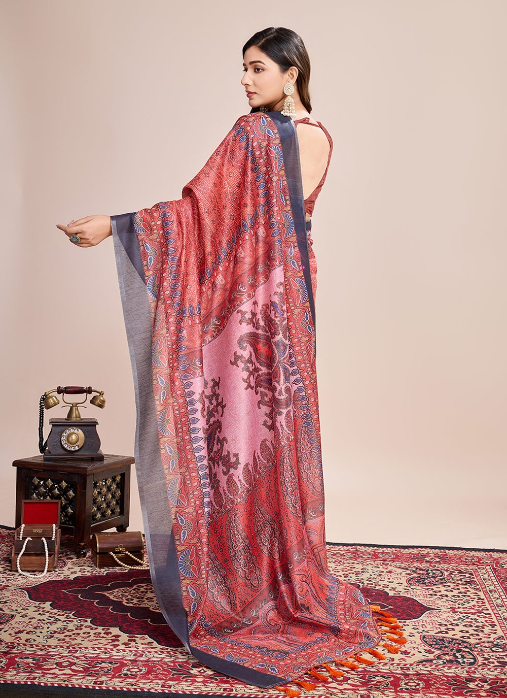 Border Work, Digital Print Linen Saree - S11538