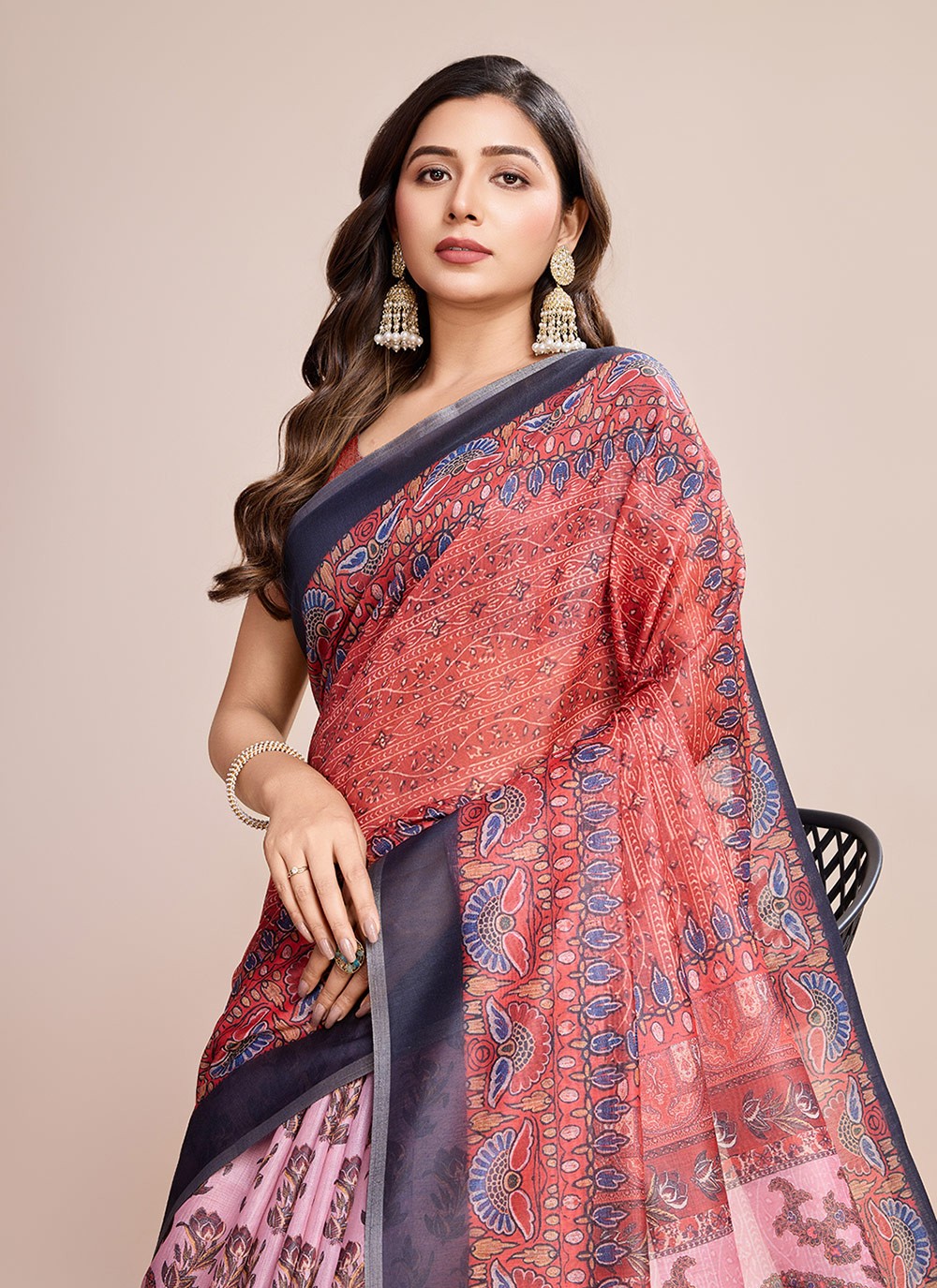 Border Work, Digital Print Linen Saree - S11538