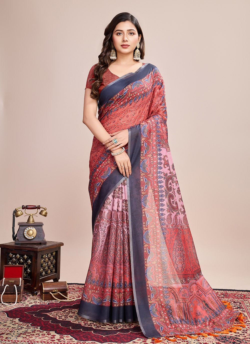 Border Work, Digital Print Linen Saree - S11538