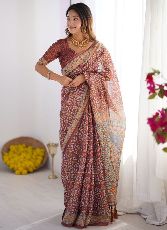 Wine Handloom Cotton Trendy Saree Printed S16974