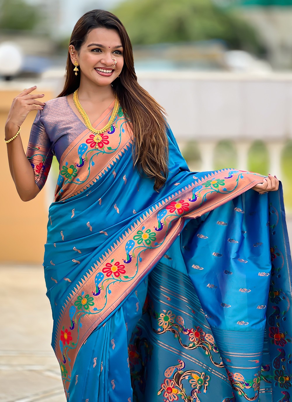 Aqua Blue Silk Trendy Saree Jacquard Work, Meenakari S19952