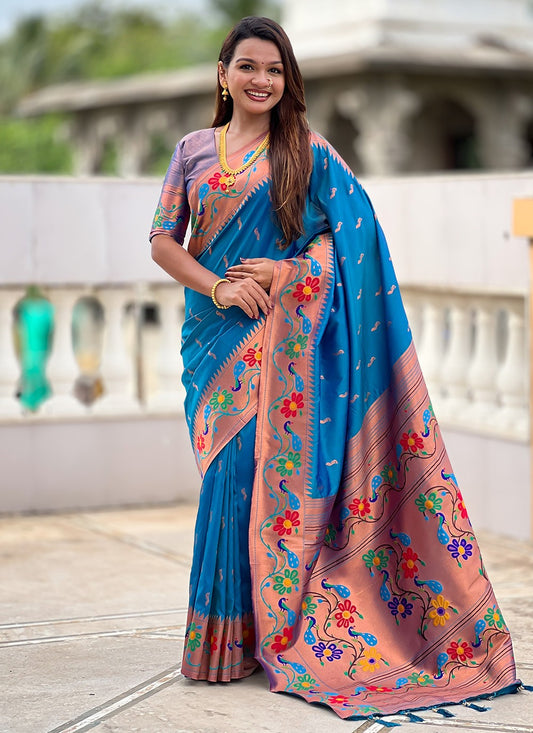 Aqua Blue Silk Trendy Saree Jacquard Work, Meenakari S19952