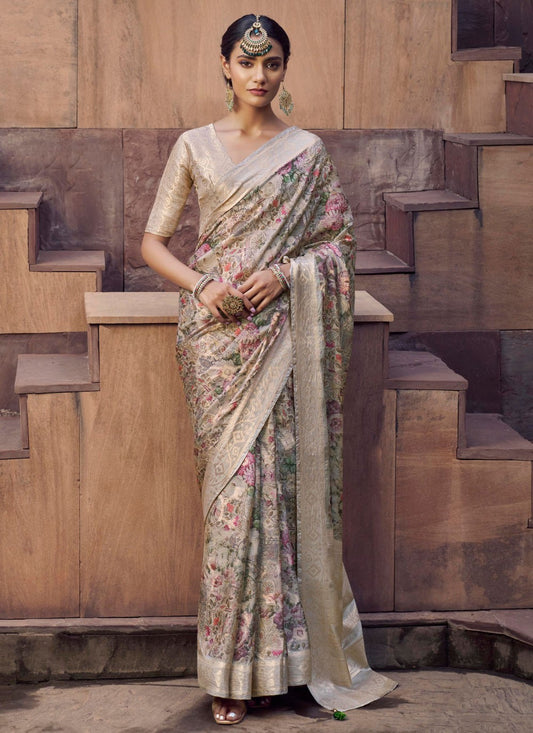 Beige Jacquard Trendy Saree Digital Print S20344