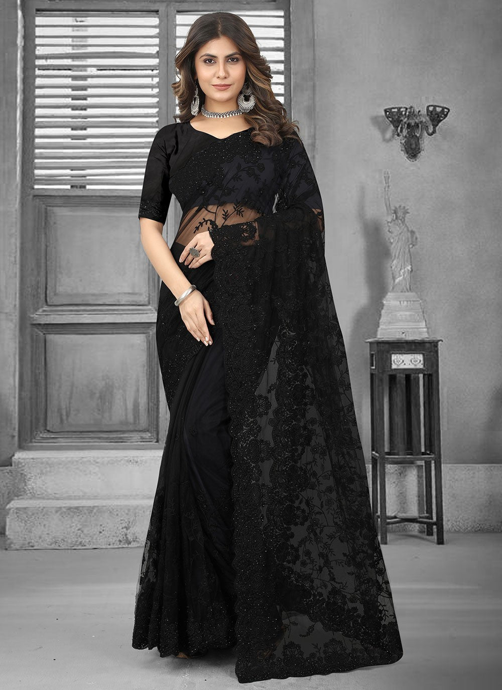 Classic Embroidered Net Saree - S3106