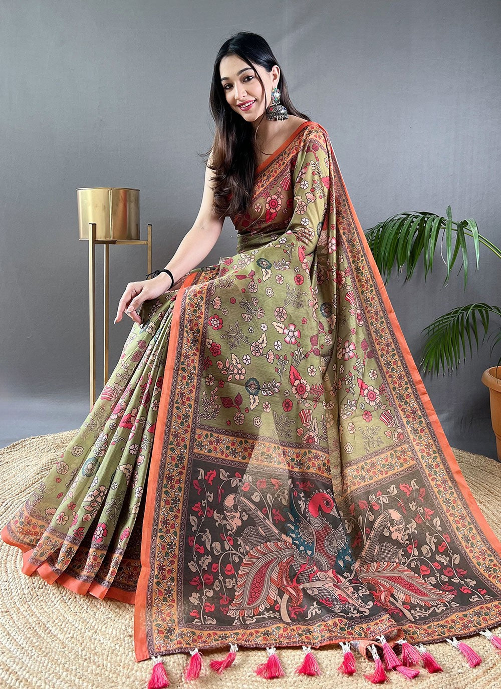 Trendy Saree Floral Printed Green Cotton Saree S13683