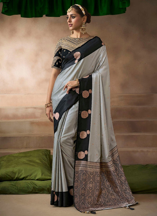Grey Satin Silk Trendy Saree Weaving Zari, Zari S19210