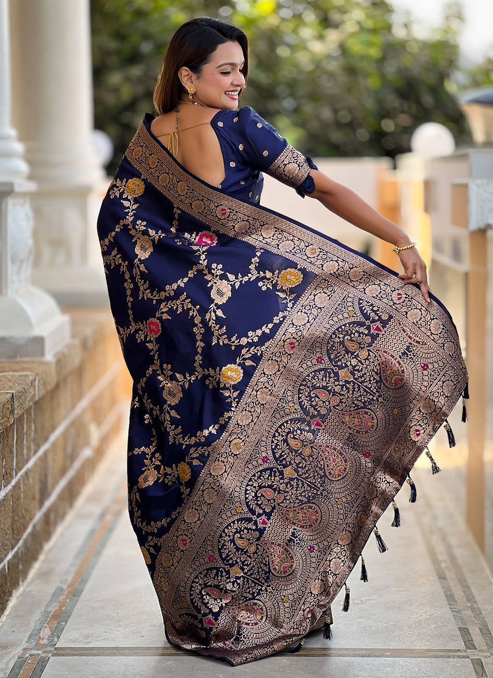 Navy Blue Banarasi Silk Trendy Saree Meenakari S16326