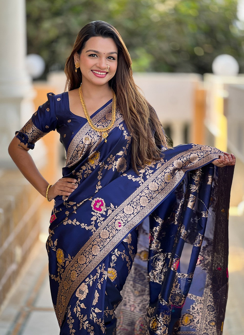 Navy Blue Banarasi Silk Trendy Saree Meenakari S16326