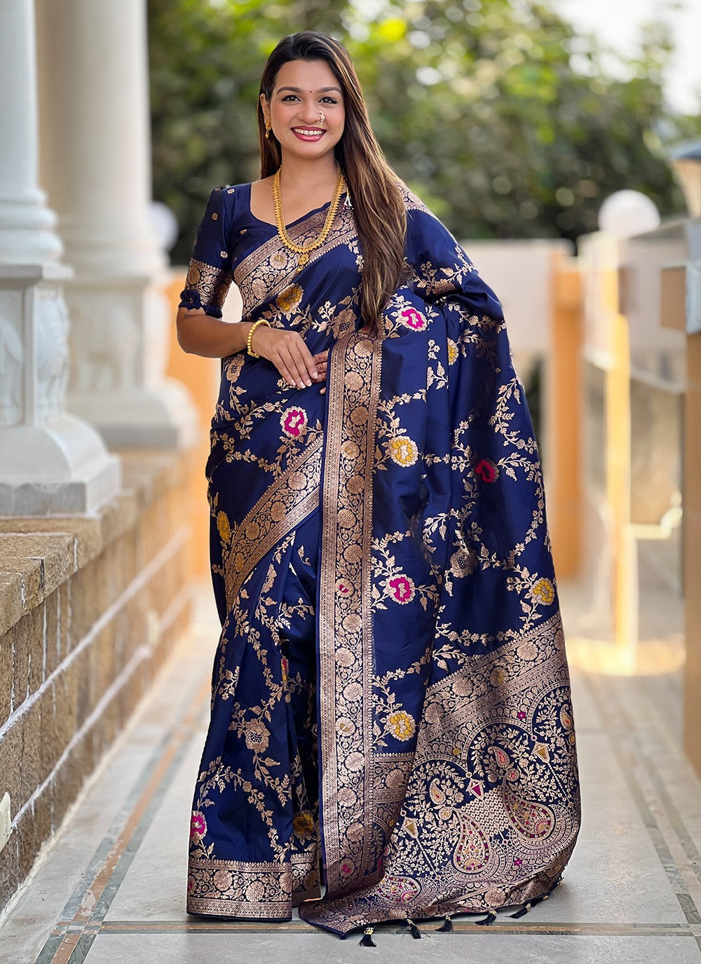 Navy Blue Banarasi Silk Trendy Saree Meenakari S16326