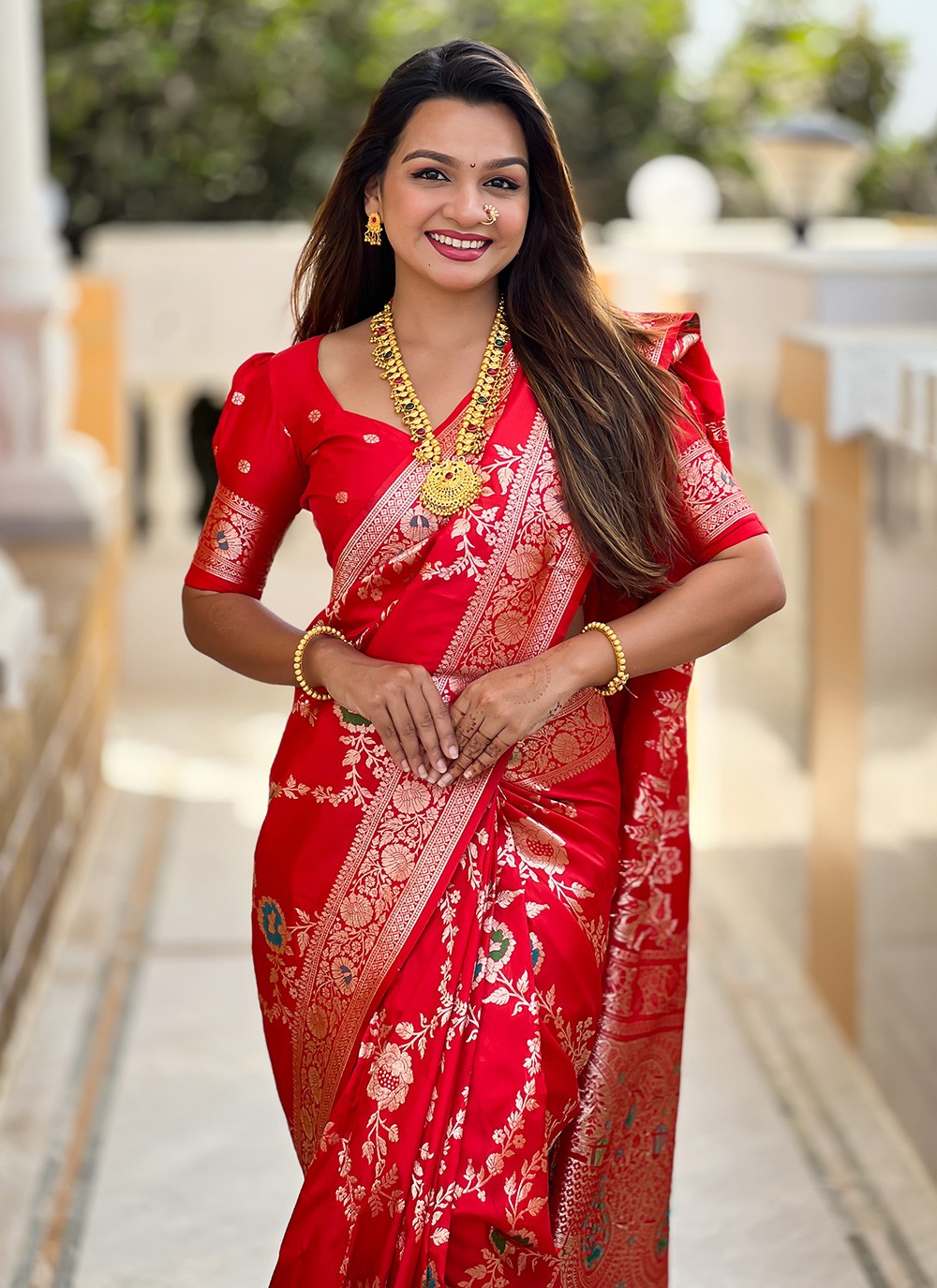 Red Banarasi Silk Trendy Saree Meenakari S16332