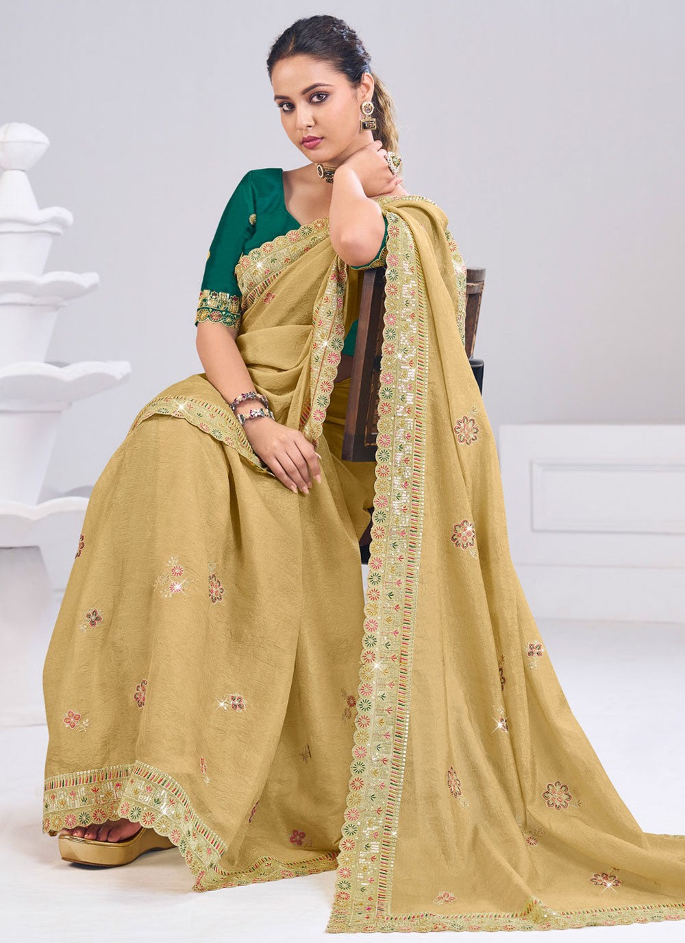 Beige Silk Trendy Saree Fancy Work S19872