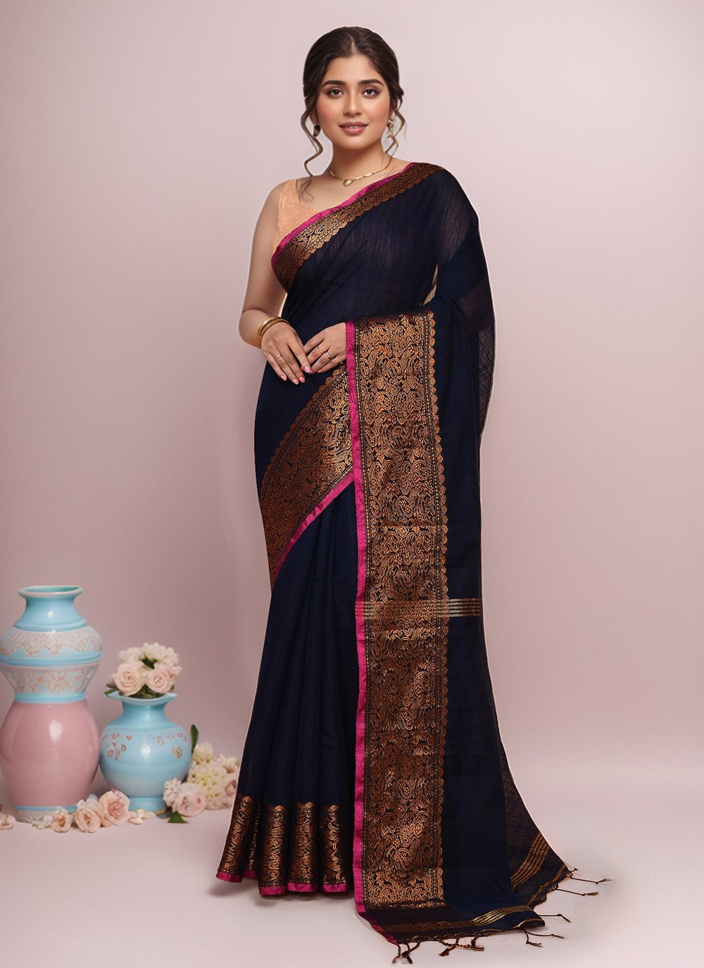 Blue Blended Cotton Trendy Saree Border Work S20014