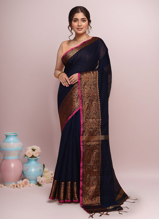 Blue Blended Cotton Trendy Saree Border Work S20014