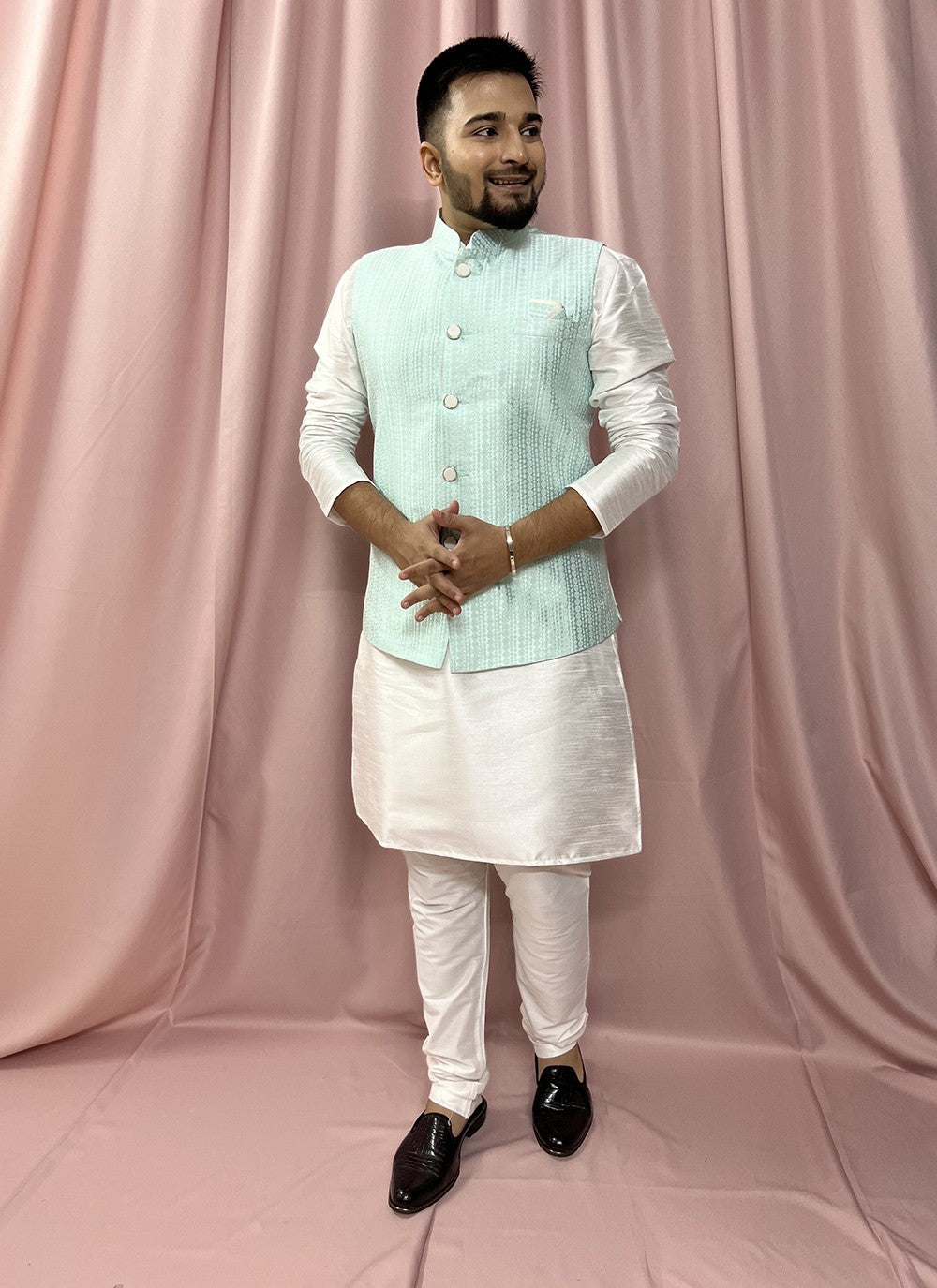 Fancy Work Jacquard, Silk Turquoise, White Kurta Payjama With Jacket - M5883