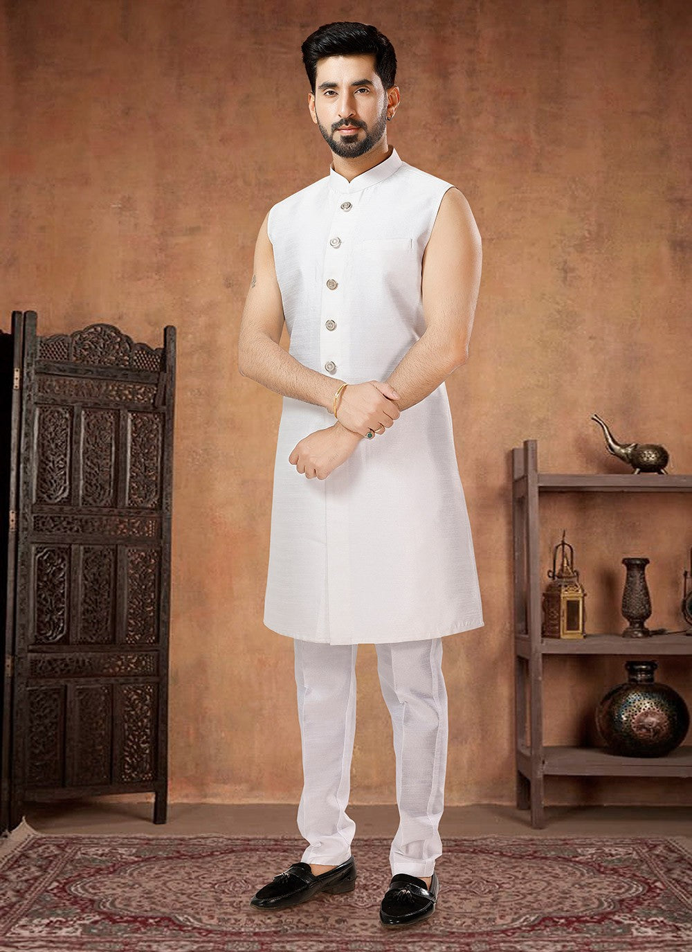 Embroidered Jacquard, Silk Turquoise, White Indo Western - M7029