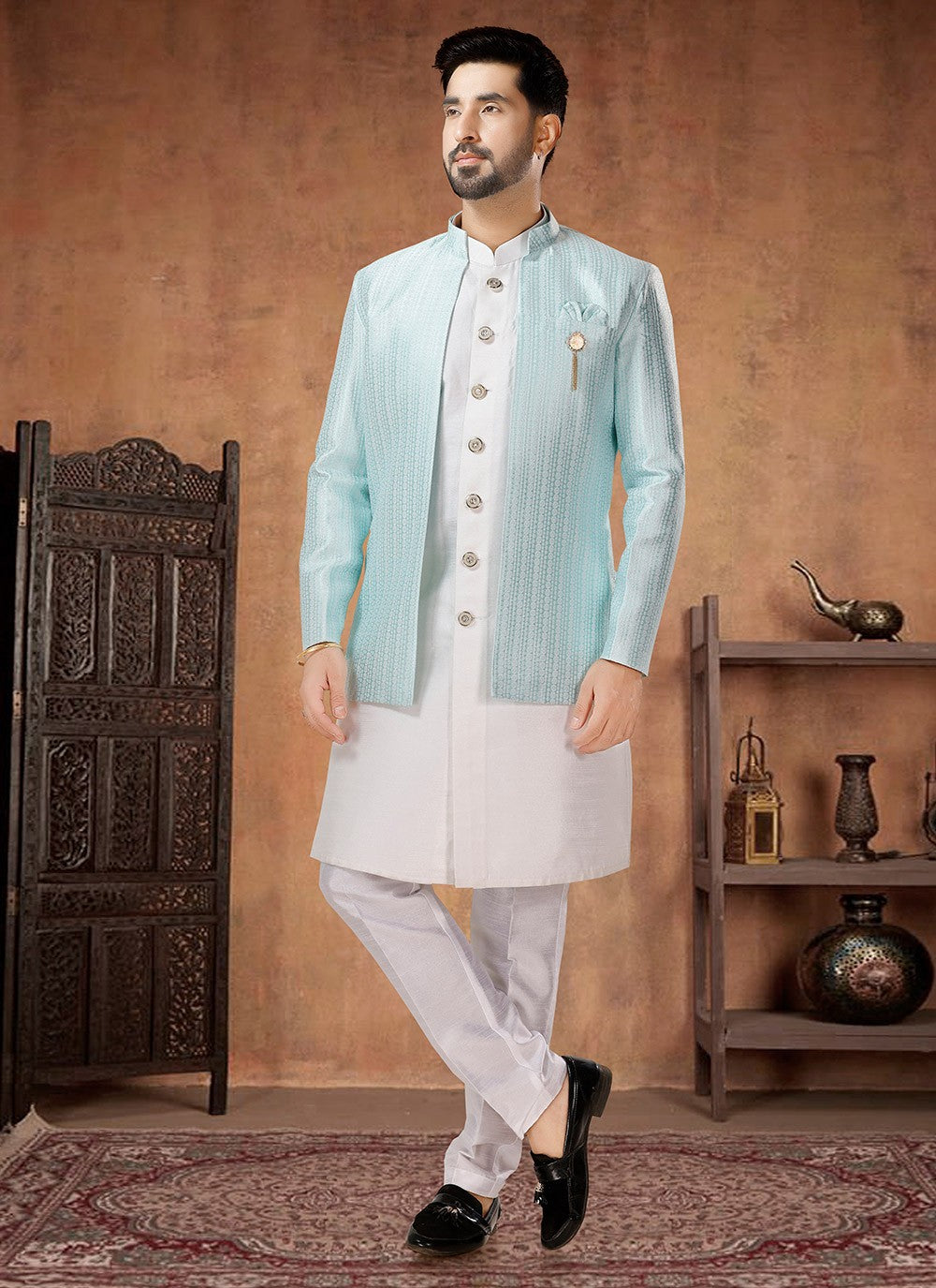 Embroidered Jacquard, Silk Turquoise, White Indo Western - M7029