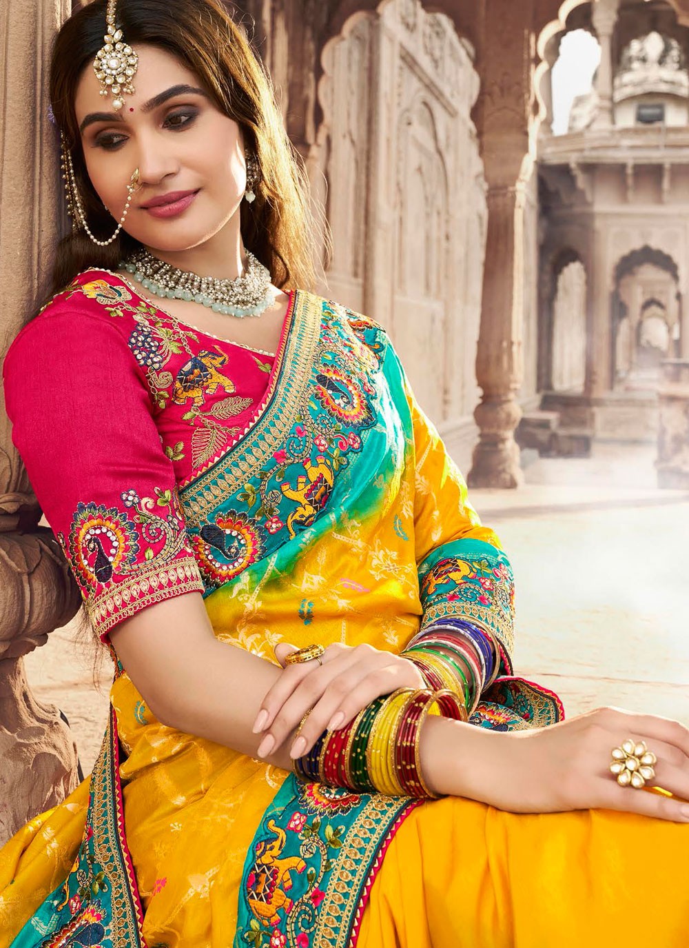 Embroidered Silk Turquoise Contemporary Saree S15317