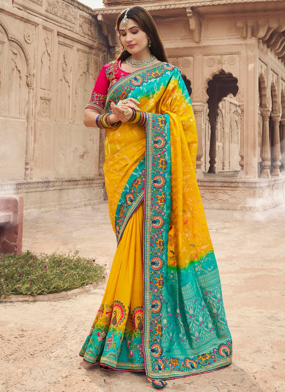 Embroidered Silk Turquoise Contemporary Saree S15317