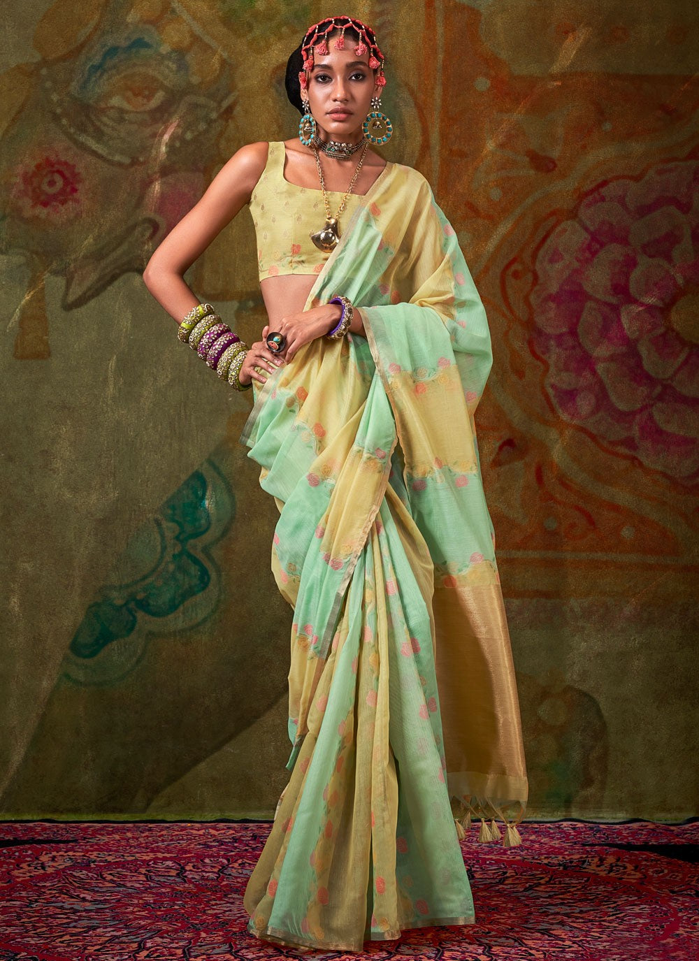 Classic Saree Weaving Zari Turquoise, Yellow Handloom Cotton Saree S13613