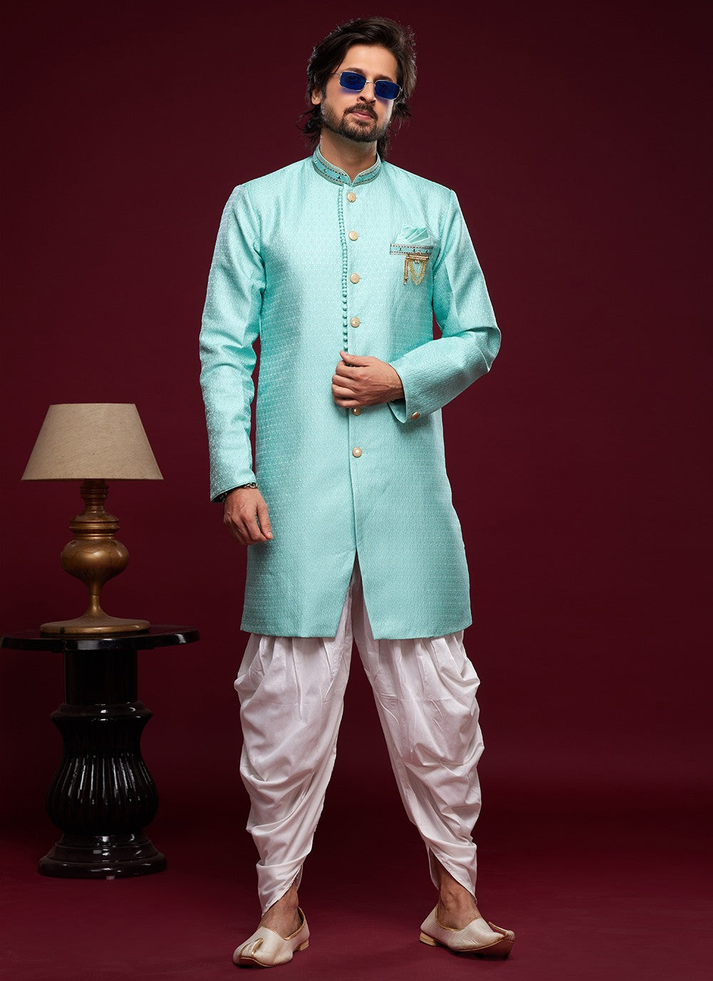 Embroidered Banarasi Jacquard Turquoise Indo Western Sherwani - M5789