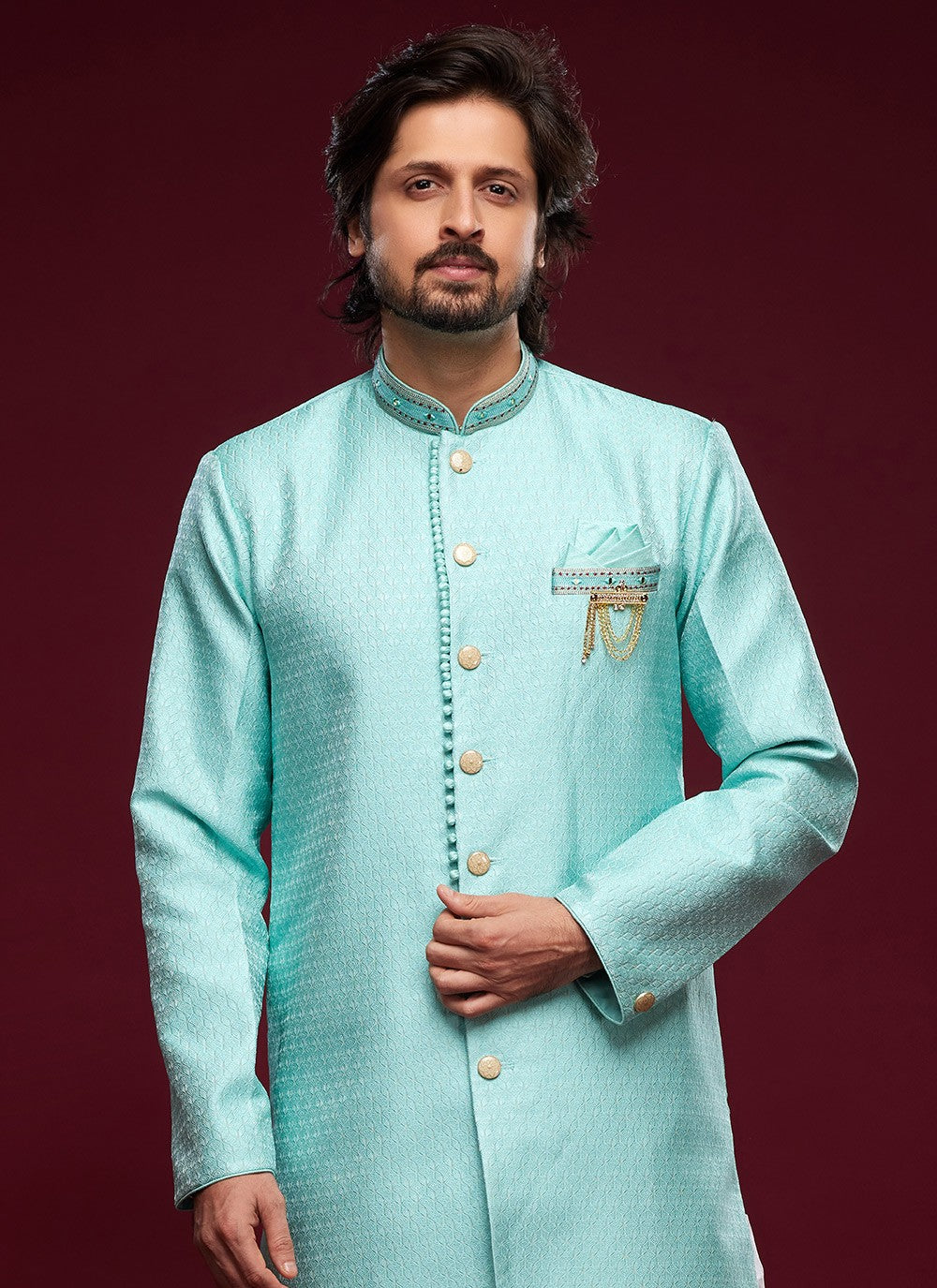 Embroidered Banarasi Jacquard Turquoise Indo Western Sherwani - M5789