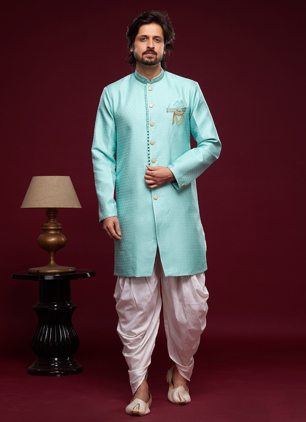 Embroidered Banarasi Jacquard Turquoise Indo Western Sherwani - M5789