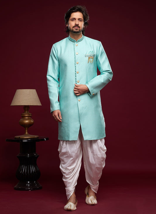 Embroidered Banarasi Jacquard Turquoise Indo Western Sherwani - M5789