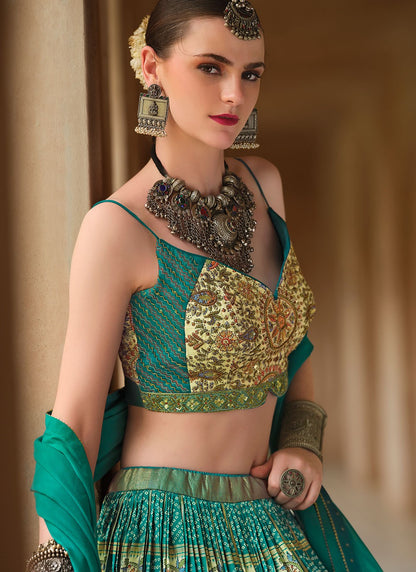 Foliage Prints Silk Turquoise Lehenga - L3253